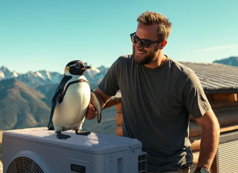 Ein Pinguin posiert auf einer Wärmepumpe vor einer malerischen Bergkulisse, während ein Mann mit Sonnenbrille ihn lachend an der Flosse hält.